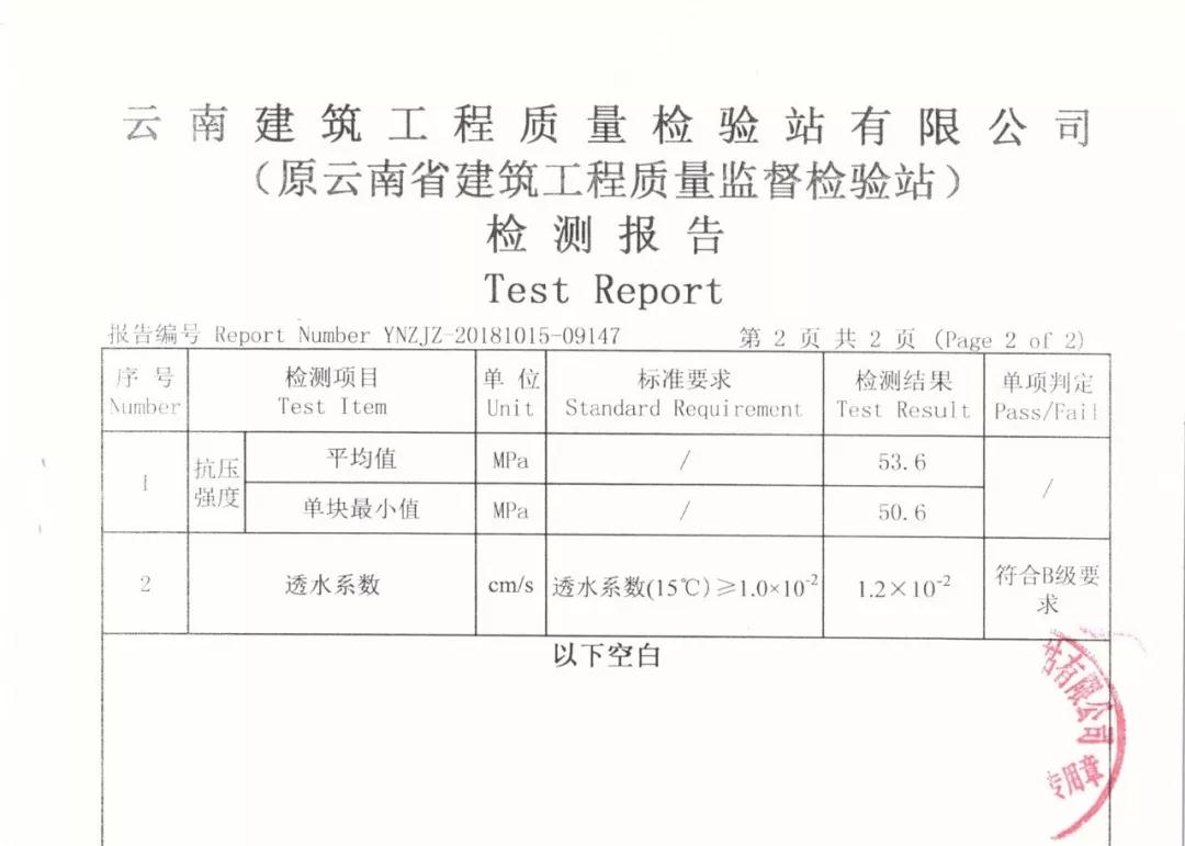 高强高透水性江南体育竞技中心电话是多少
检测报告